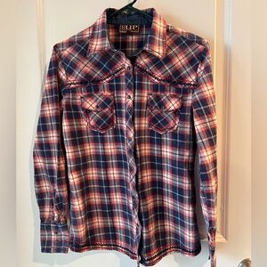Cowgirl Up red and blue plaid shirt. Medium